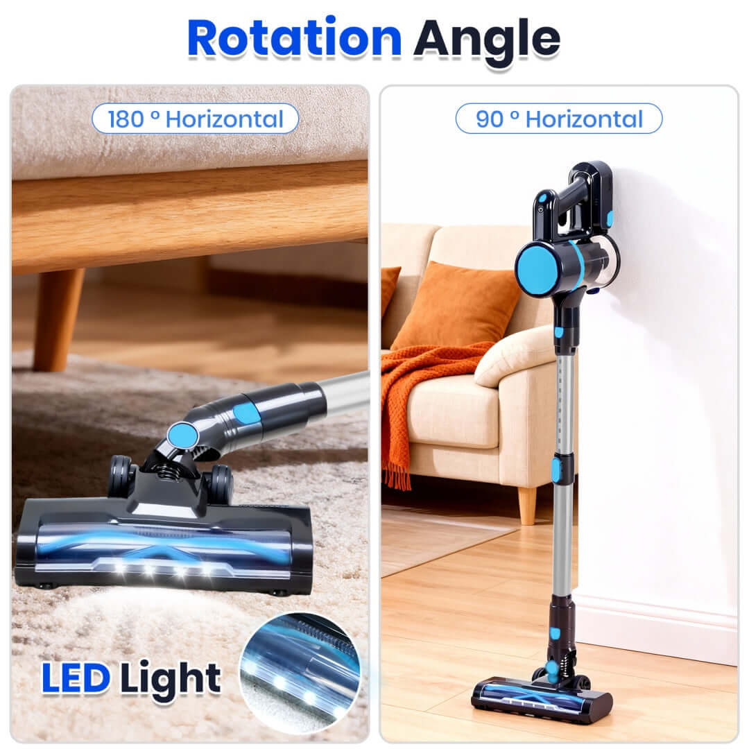 Lightweight cordless vacuum cleaner demonstrating 180° and 90° rotation angles with LED light features.