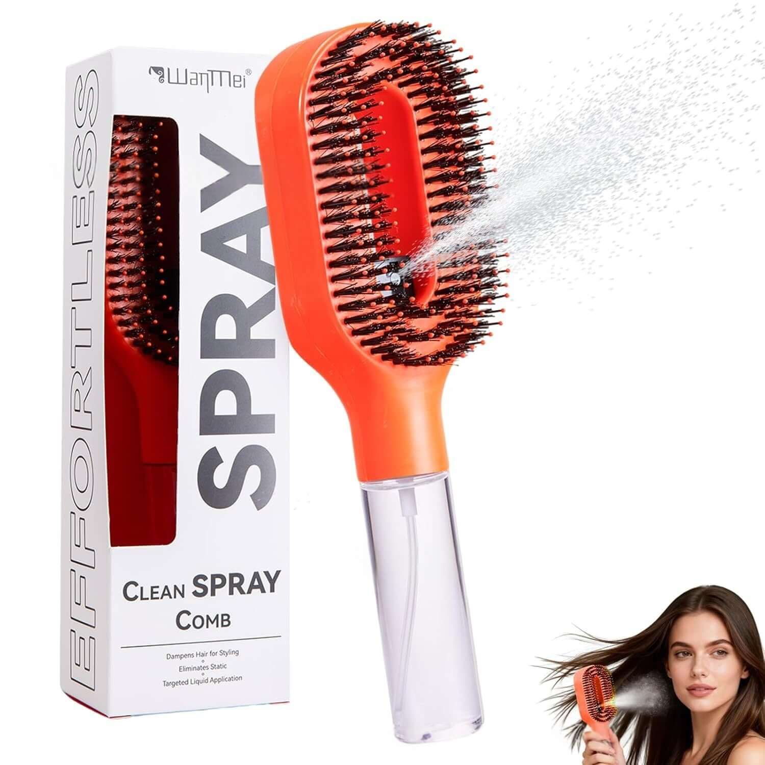 Orange scalp massage spray hairbrush with spray bottle, perfect for detangling and scalp stimulation.