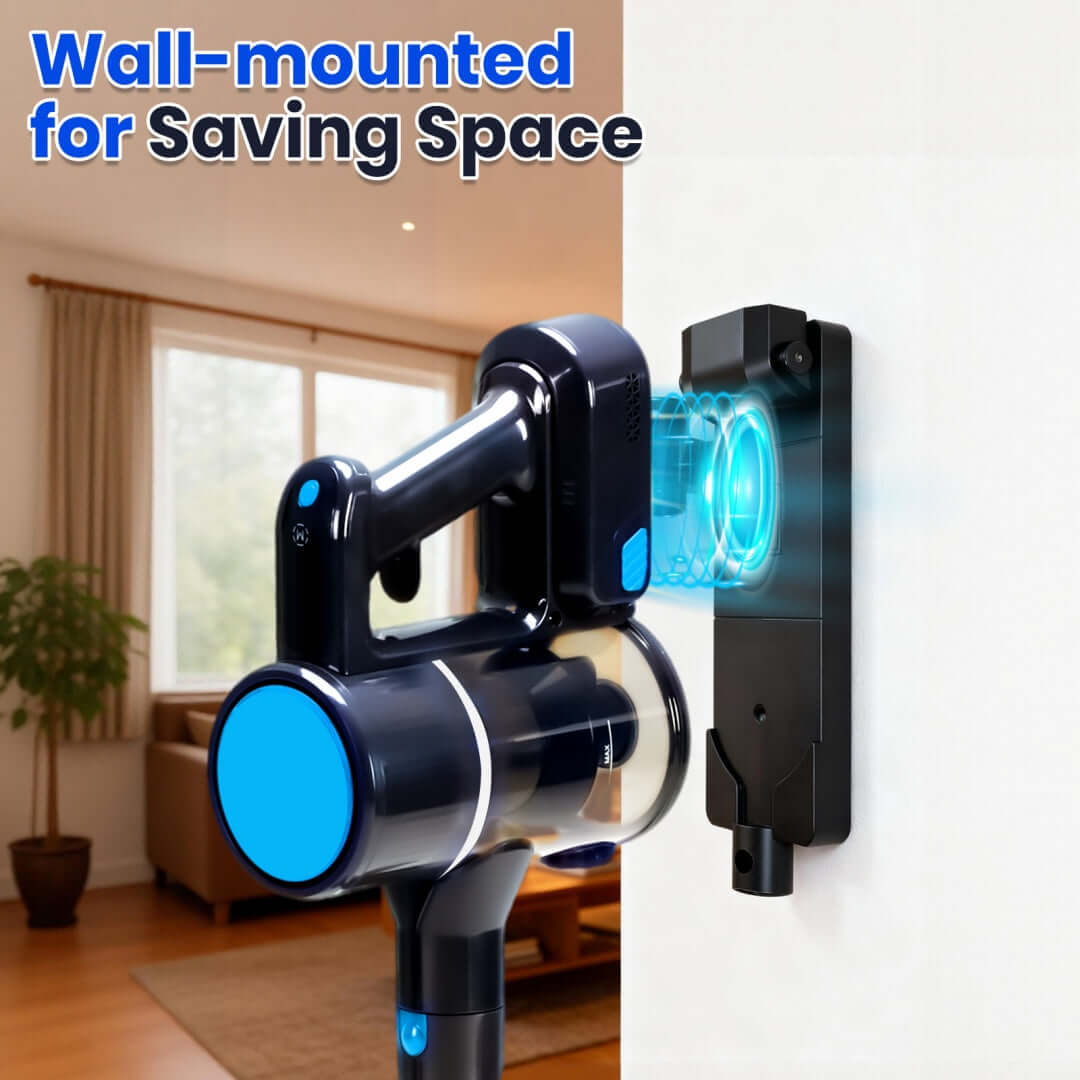 lightweight cordless vacuum cleaner wall-mounted for saving space in home.