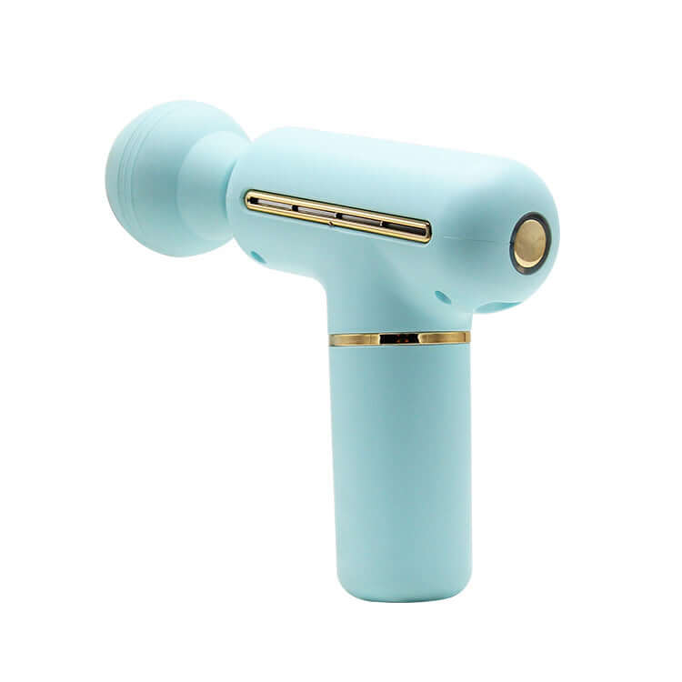 portable muscle massage gun in blue color with gold accents, ideal for relaxing muscles after exercise.