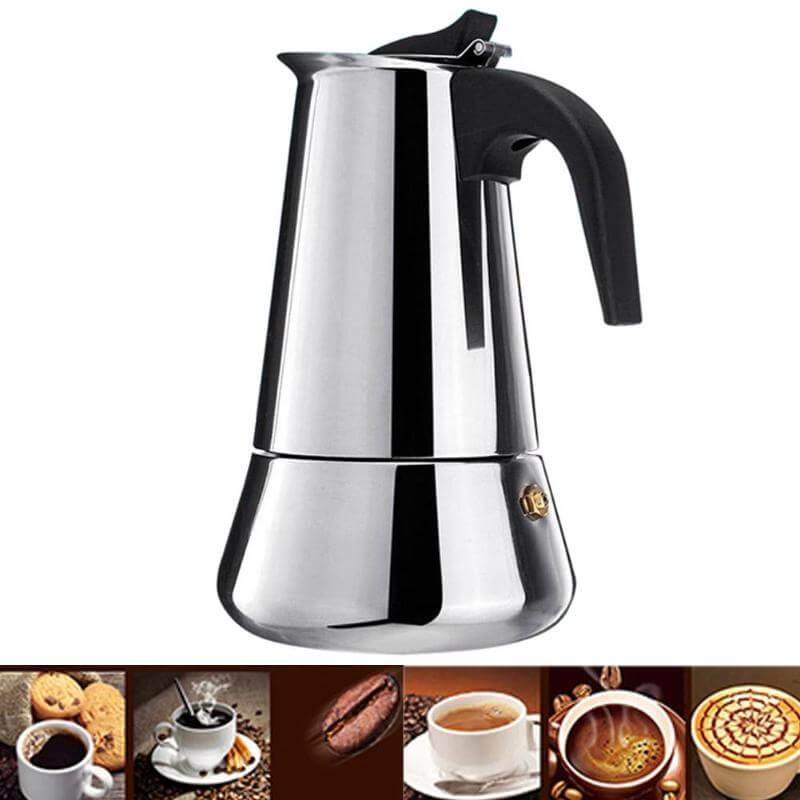 Stainless steel moka coffee maker with anti-scald handle, ideal for brewing rich coffee.
