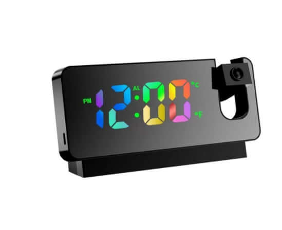 3D projection alarm clock with colorful LED display and USB outlet, ideal for home bedroom or office use.