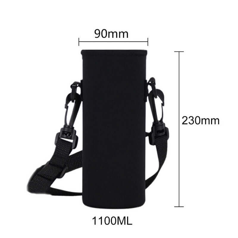 Sports water bottle carrier bag with adjustable strap, neoprene material, dimensions 90mm x 230mm, holds 1100ml.
