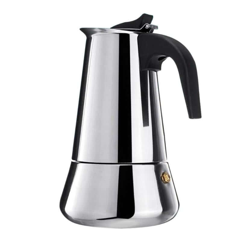 shiny stainless steel moka coffee maker with a black handle and anti-scald design for safe use