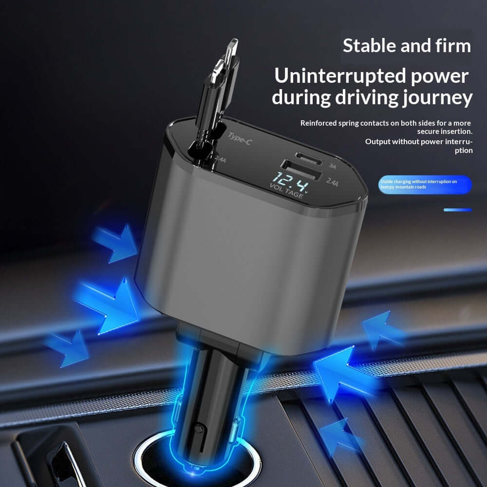 4 in 1 car charger with USB Type C showing stable power connection for seamless charging while driving.