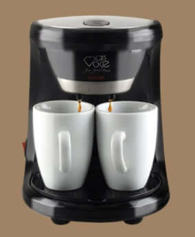 Double cup automatic coffee machine brewing coffee into two white cups.