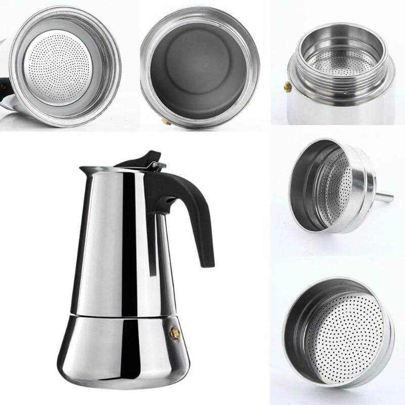 Detailed view of stainless steel moka coffee maker with anti-scald handle and multiple parts.