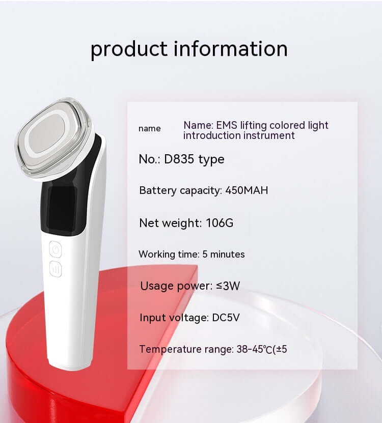 Facial massage instrument for home use displayed with product specifications on white background.