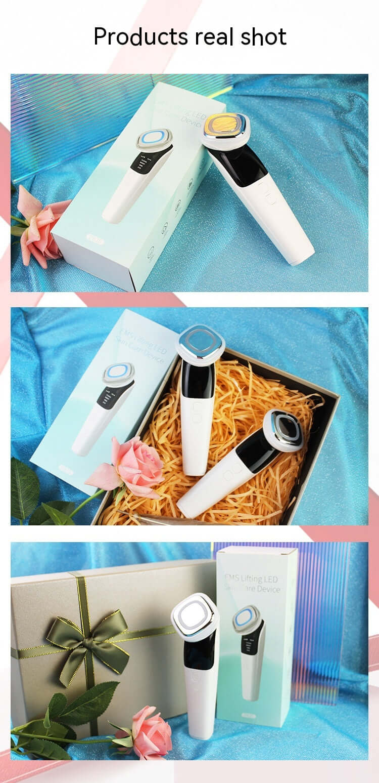 Facial massage instrument for home use displayed with packaging and flowers, showcasing its elegance and functionality.