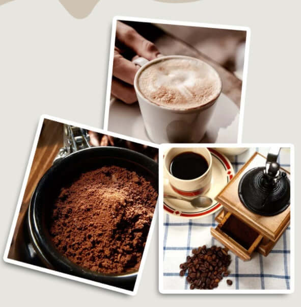 double cup automatic coffee machine with coffee powder, cup of coffee, and coffee grinder images