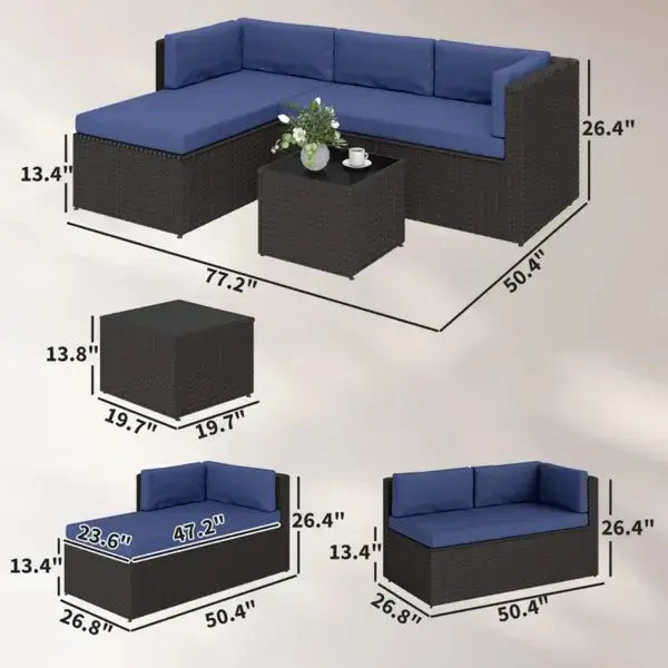 Detailed dimensions of an outdoor patio furniture set featuring a sectional couch and coffee table.