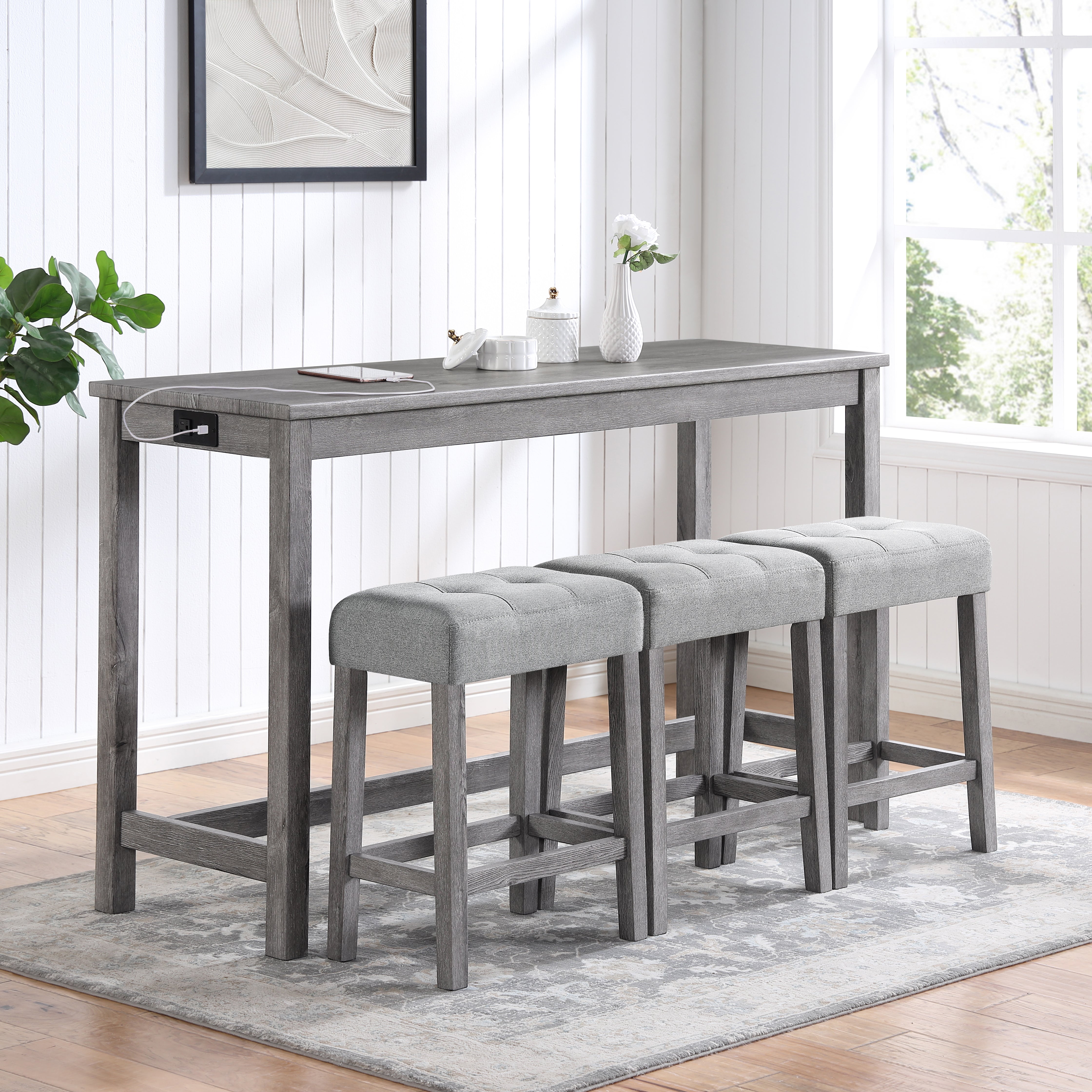 Bar Table Set With Power Outlet, Bar Table And Chairs Set, 4 Piece Dining Table Set, Industrial Breakfast Table Set, For Living Room, Dining Room, Game Room