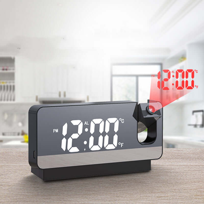 3D projection alarm clock displaying time with a red projection in a modern home setting.