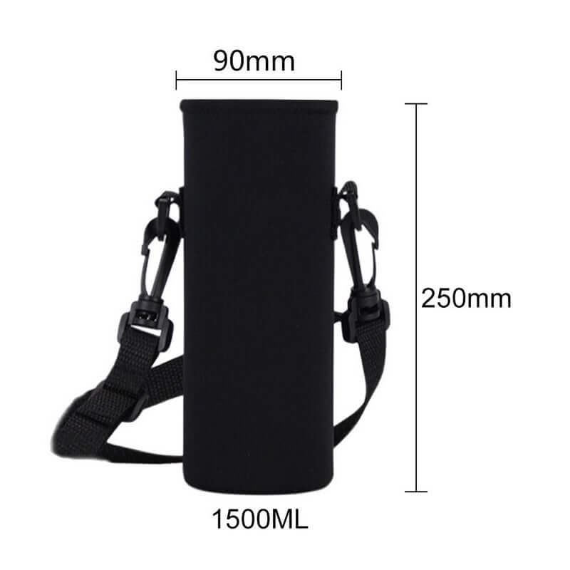 Sports water bottle carrier bag with adjustable strap, 1500ml capacity, black neoprene design for thermal insulation.