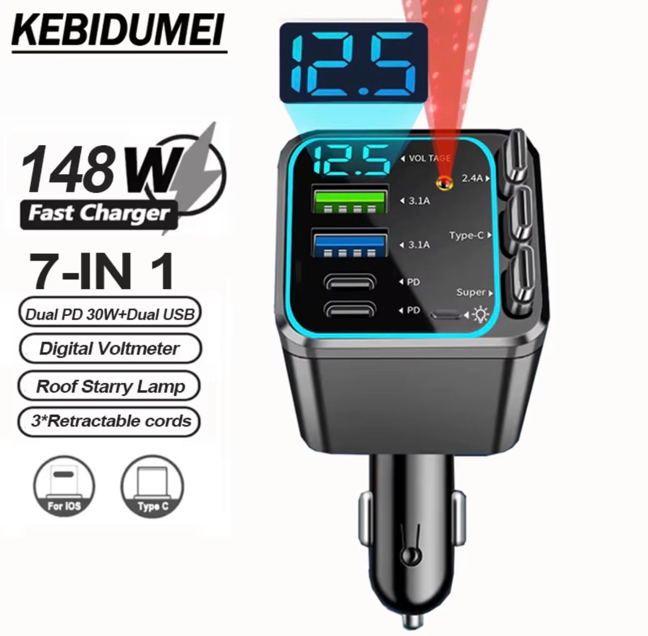 7 in 1 Retractable Car Charger with Roof Starry Lamp,148W Max 4 Ports USB+PD Phone Charger Fast Charging with Digital Voltmeter