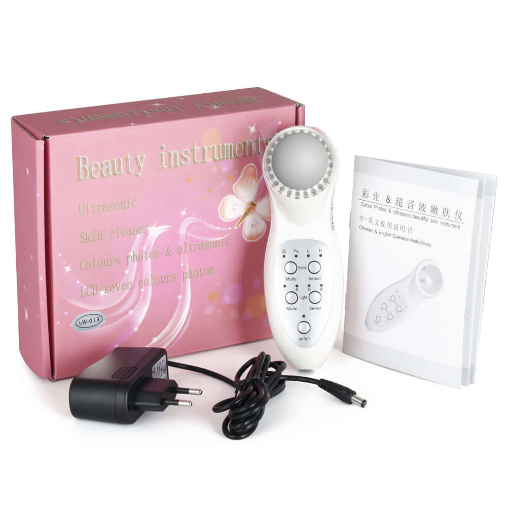 Beauty Care Instrument LED Light Therapy skincare device with ultrasonic cleansing feature and seven color options.