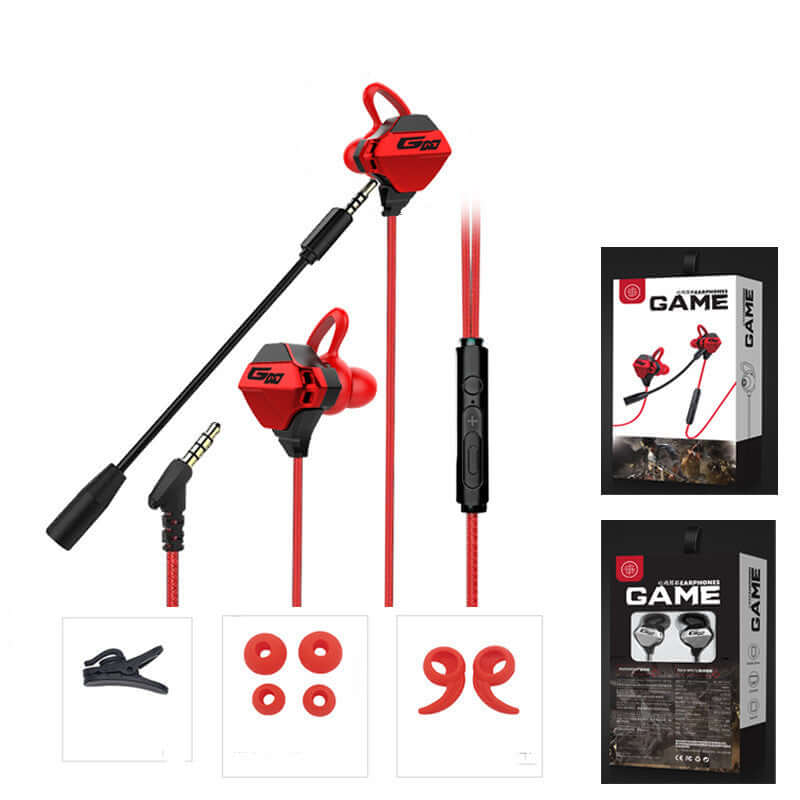 In-ear gaming headset in red with microphone and accessories, designed for mobile and computer gaming.