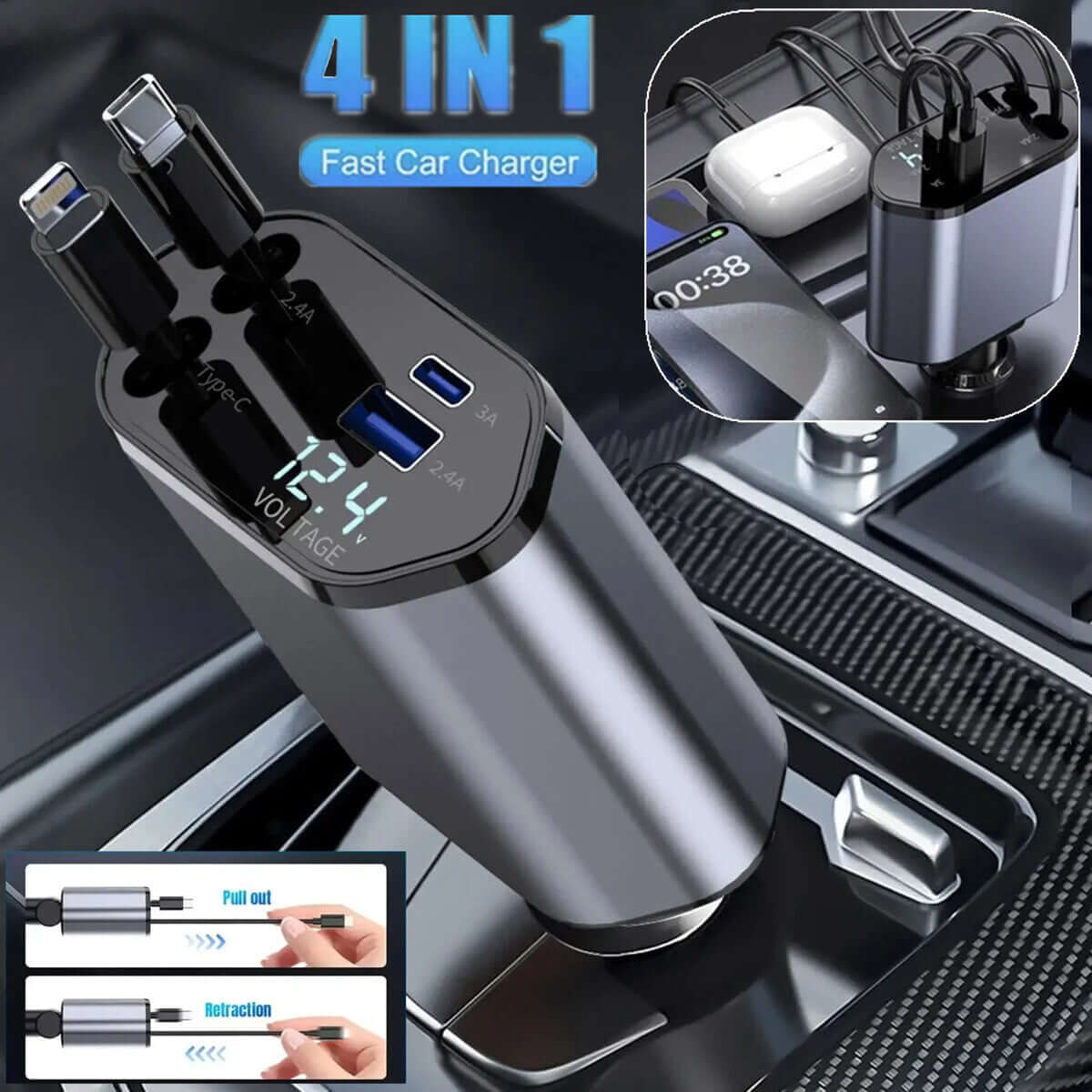 4 in 1 car charger with USB Type C for fast charging in car, featuring multiple ports and retractable cables.