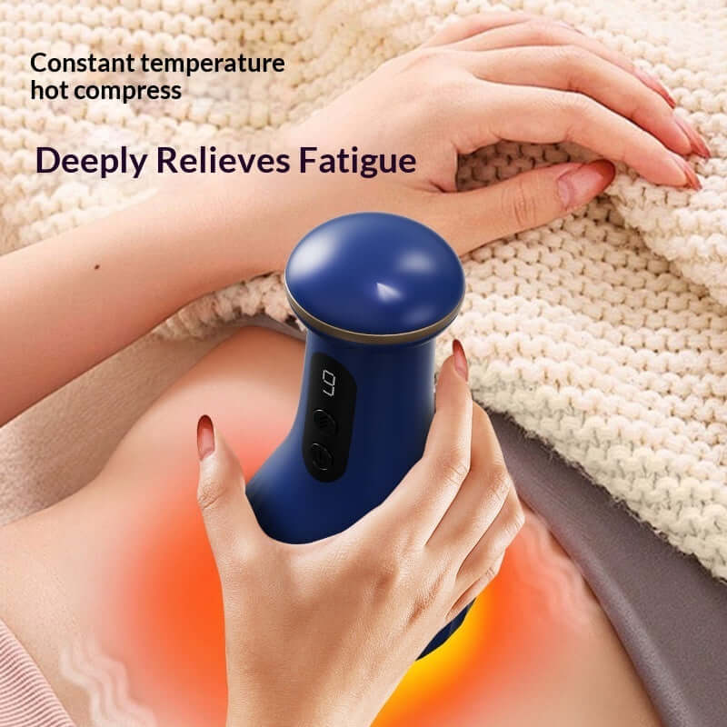 Hand using a gua sha massage device for constant temperature hot compress to relieve fatigue.