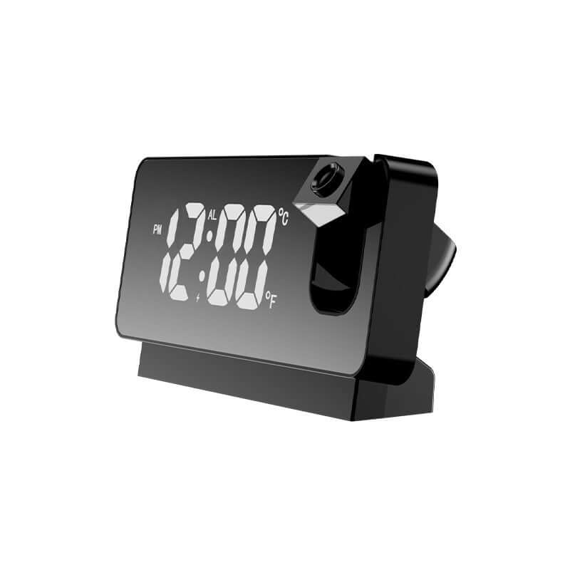 Sleek black 3D projection alarm clock with LED display, showing time and temperature, ideal for home and office use.