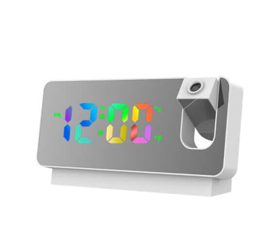 3D projection alarm clock with LED mirror display showing colorful time and temperature, perfect for home or office table use.
