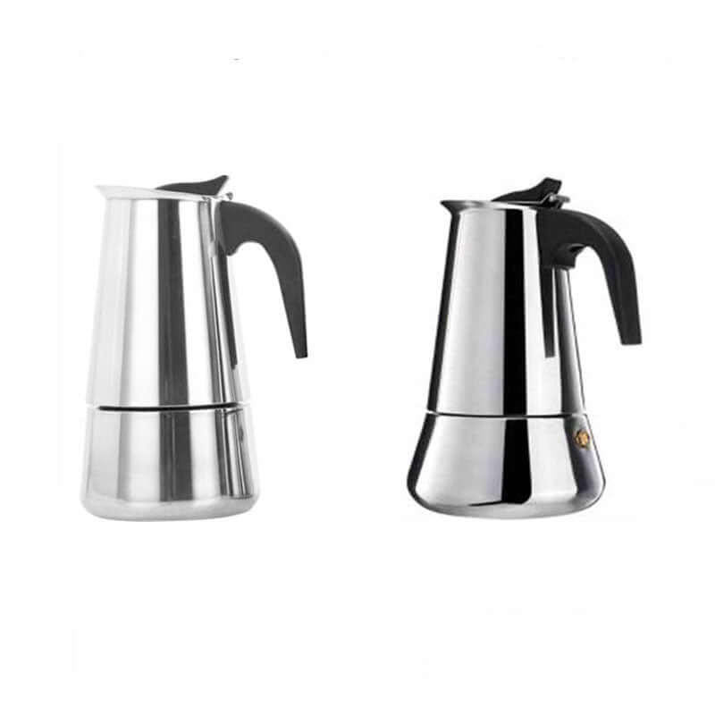 Two stylish stainless steel moka coffee makers with ergonomic handles and polished finish.