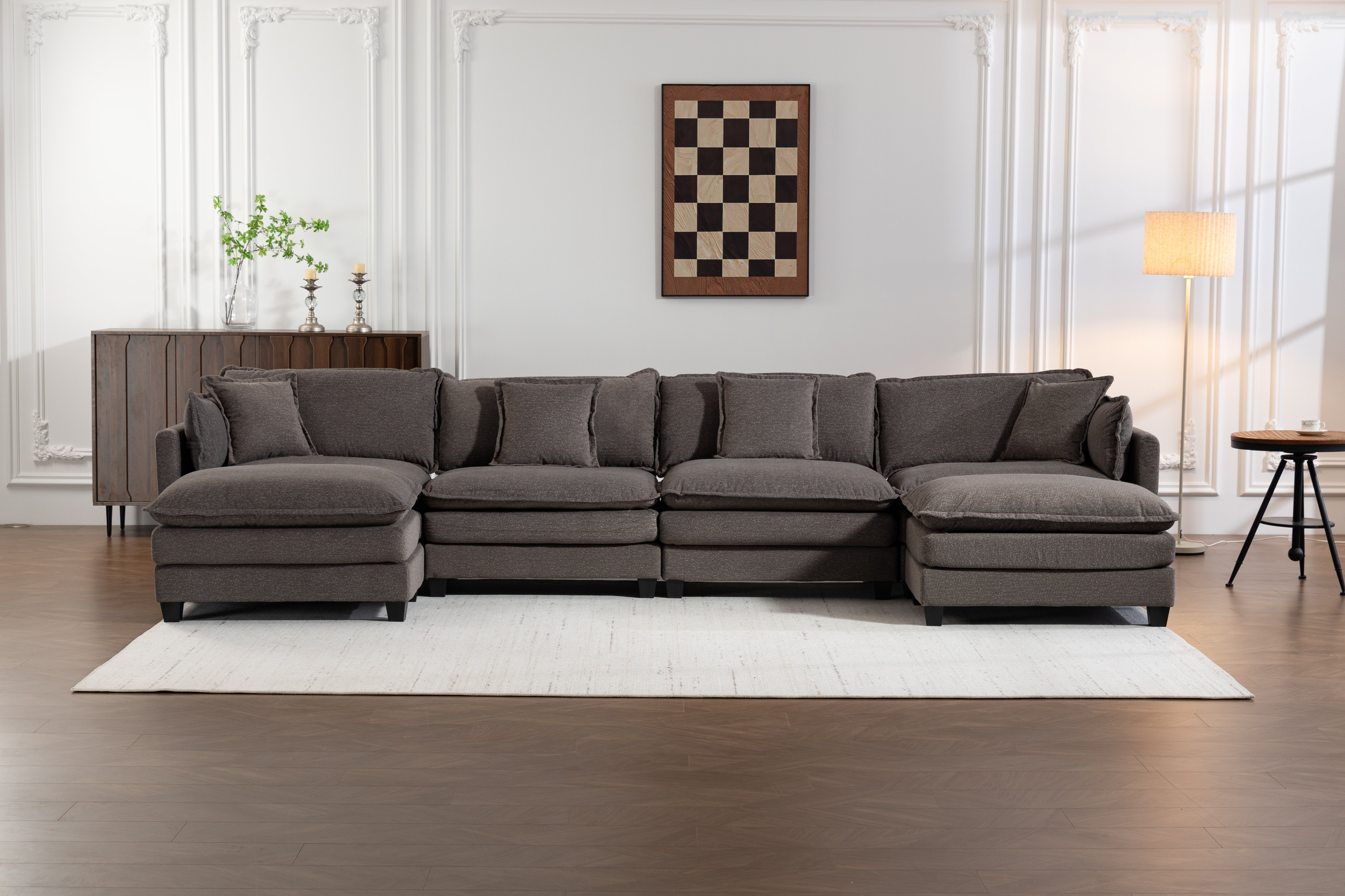 Modern 4seats With 2ottoman 149.61 Sectional Sofa With Waist Pillows,4 Seat Upholstered Symmetrical Sofa Furniture,Sleeper Sofa Couch With Chaise Lounge For Living Room,Apartment,3Color