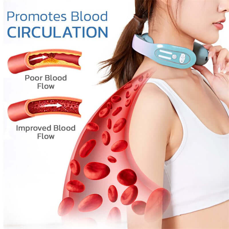 EMS neck massager with heat promoting blood circulation and improved blood flow in the neck area.