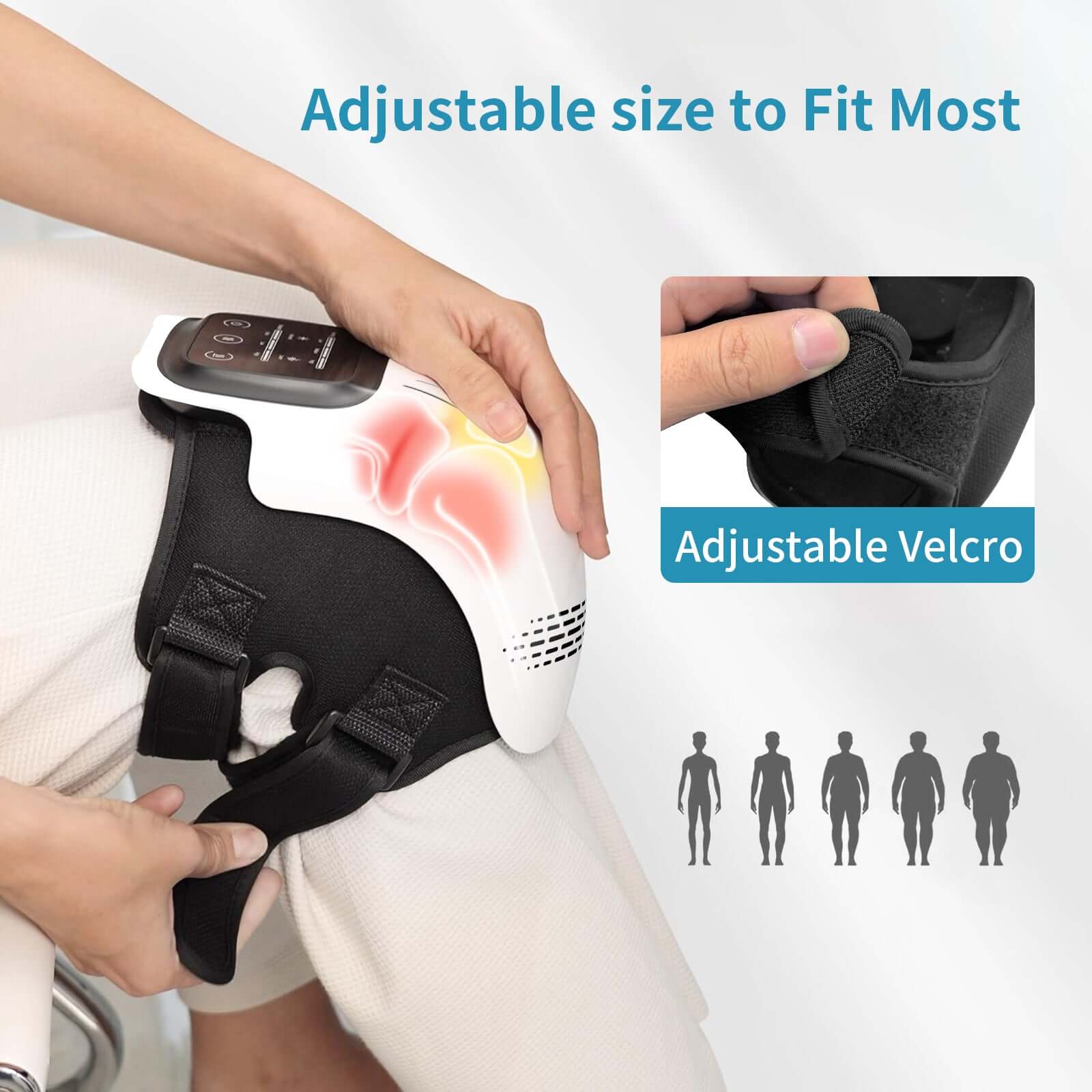 Adjustable electric knee massager for pain relief with velcro straps and heating features.