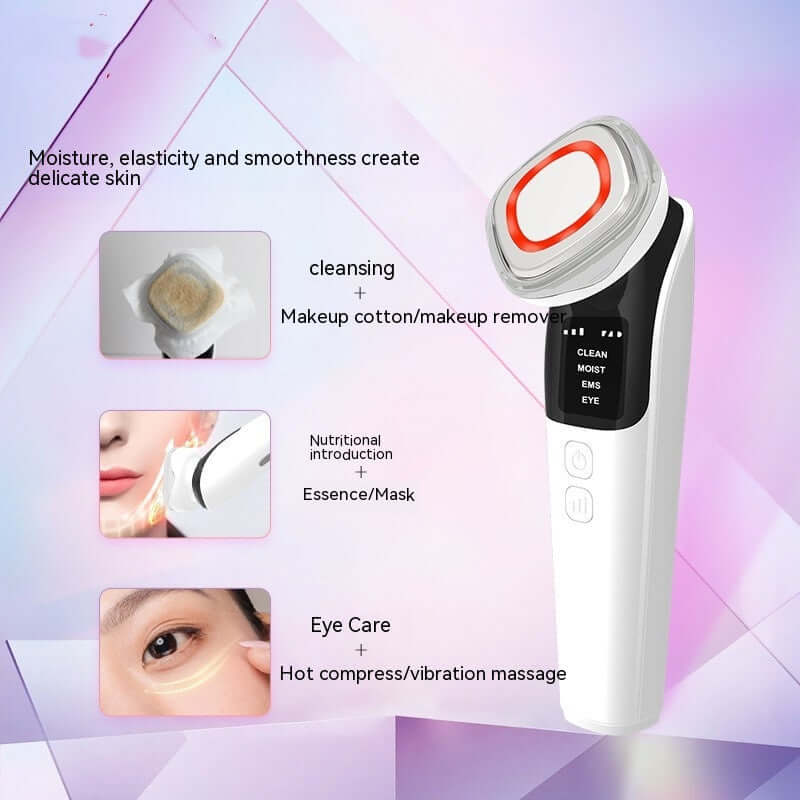 Facial massage instrument for home use showcasing cleansing, nutritional introduction, and eye care features.