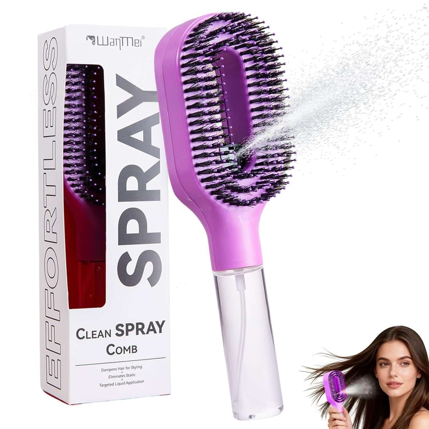 Purple scalp massage spray hairbrush with integrated spray bottle for hydrating hair and detangling, featuring soft nodules.