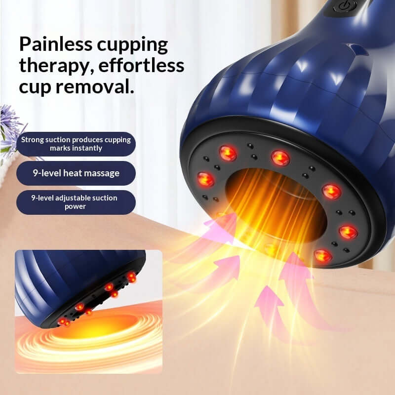 Painless cupping therapy device with adjustable suction and heat massage features, ideal for relaxation.
