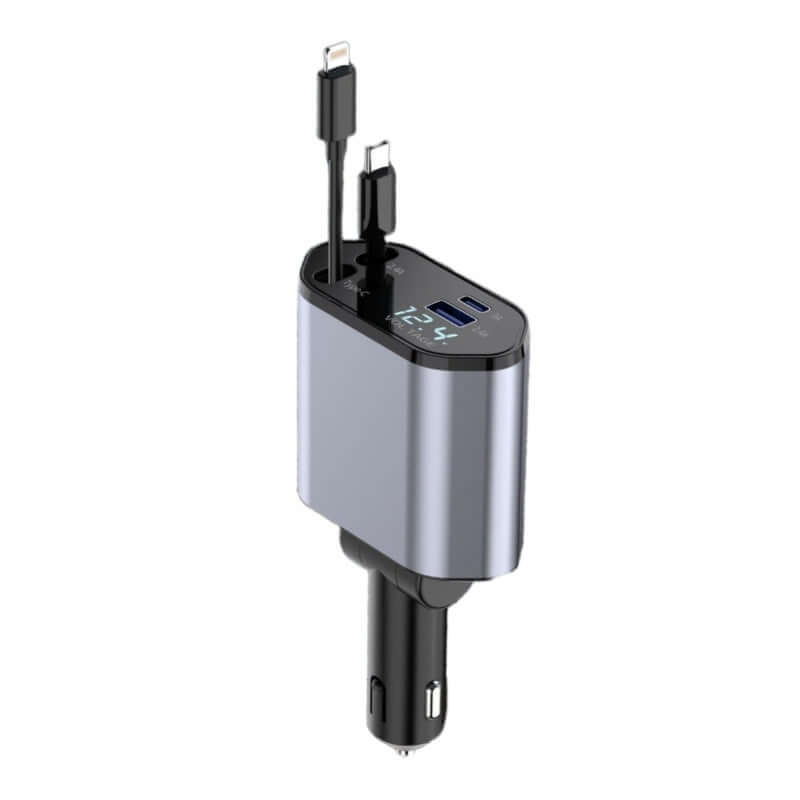 4 in 1 car charger with USB Type C featuring retractable cables and multiple device ports.