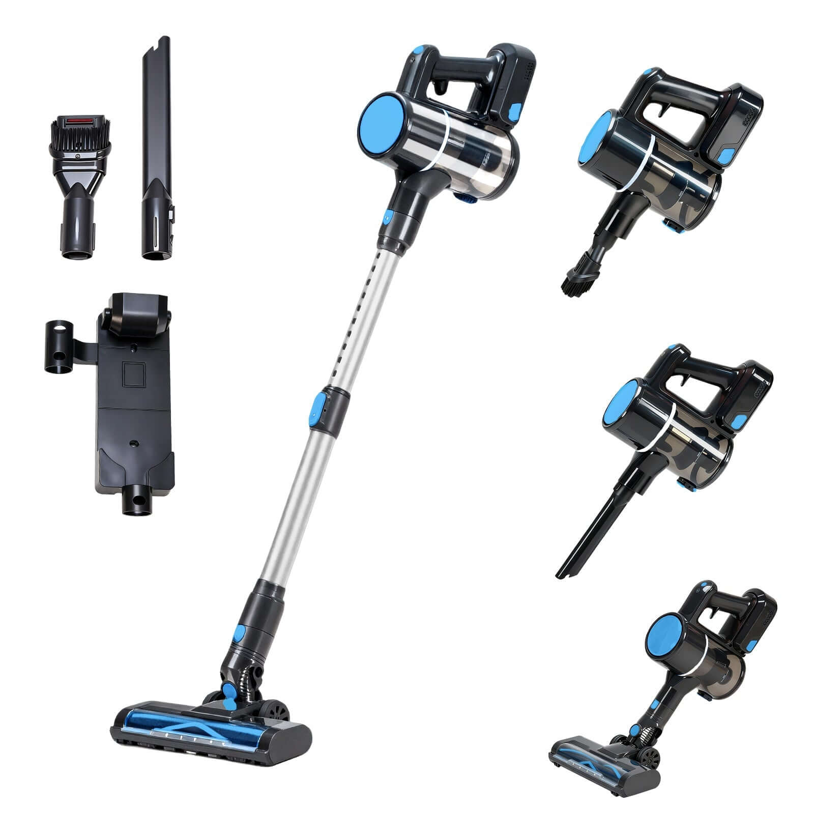 lightweight cordless vacuum cleaner with anti-tangling system and LED light, includes three interchangeable brushes