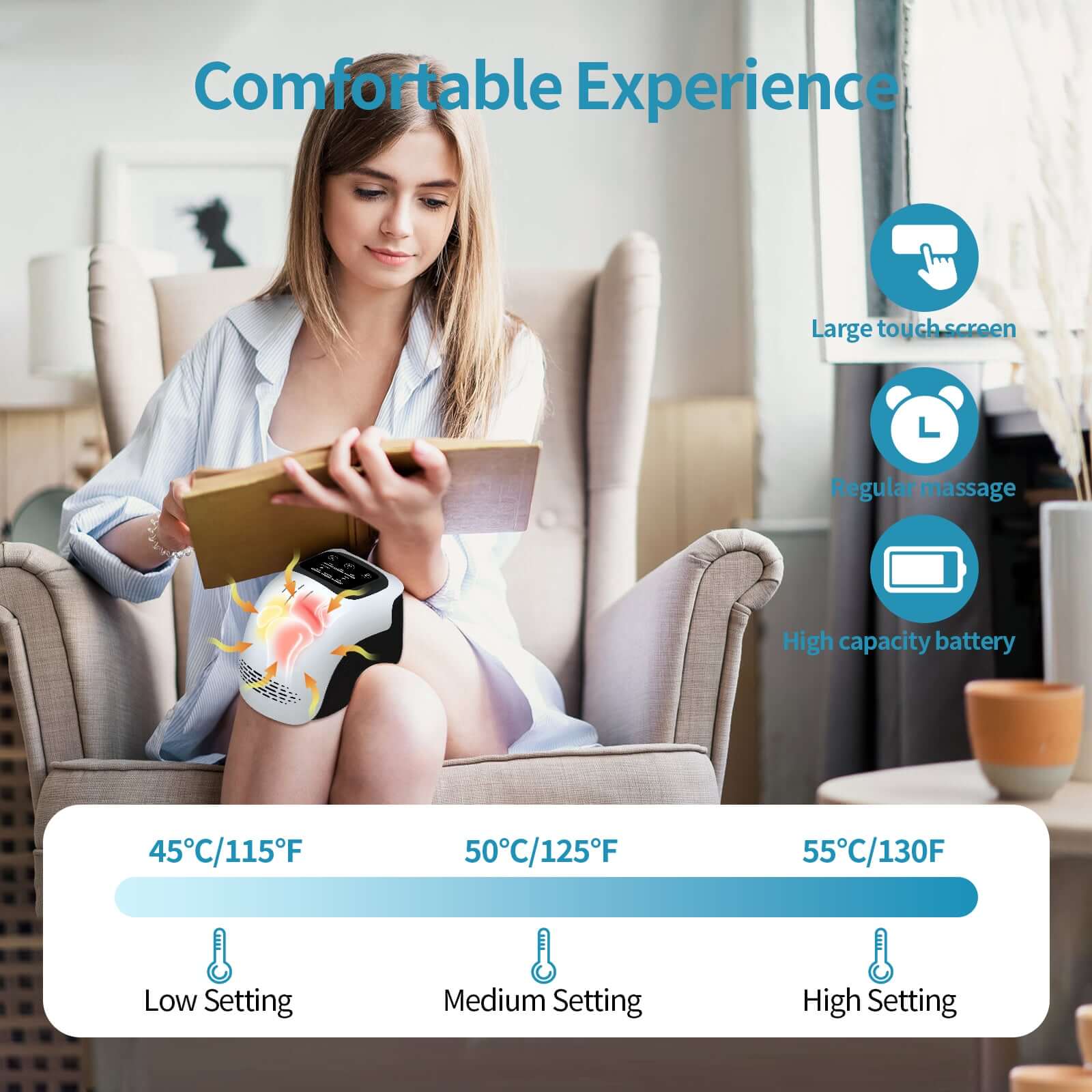 Woman enjoying electric knee massager for pain relief with large touch screen and adjustable heat settings.