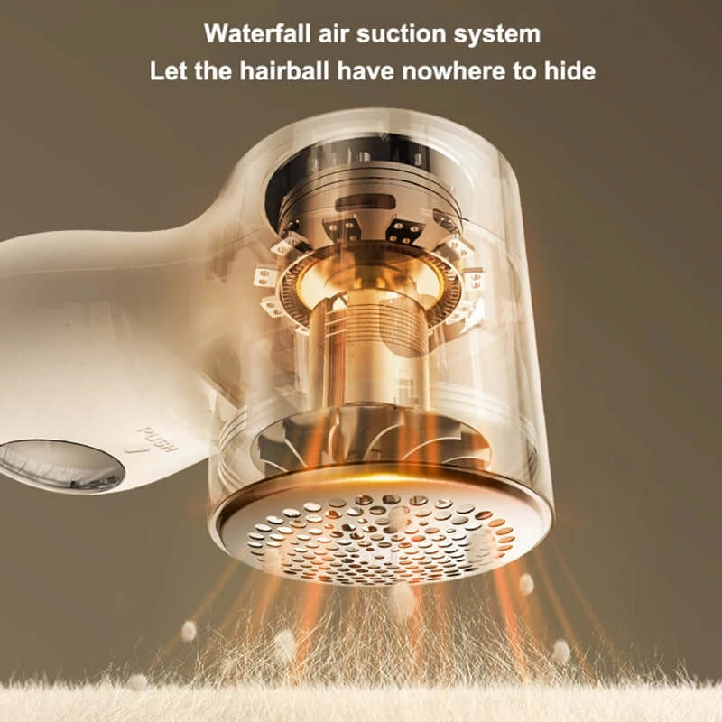 electric lint remover with LED display showcasing waterfall air suction system effectively removing hairballs.
