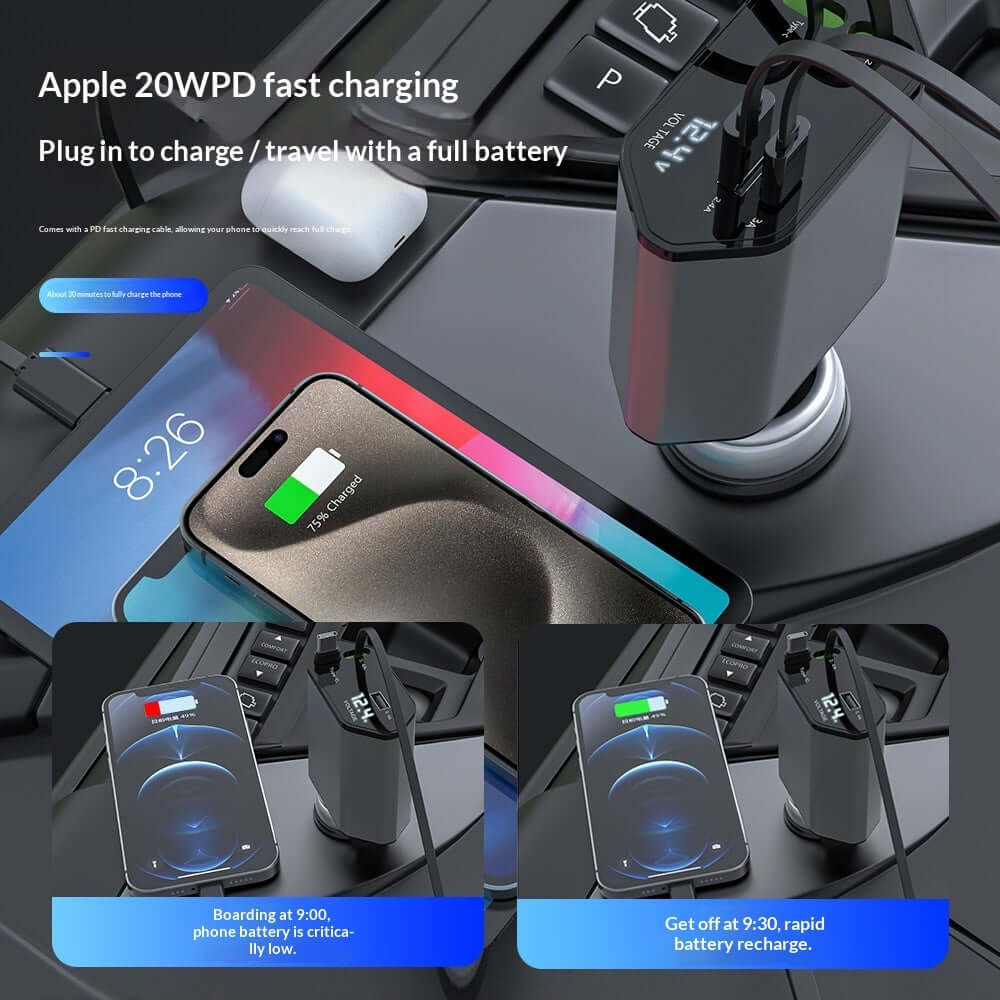 4 in 1 car charger with USB Type C charging up a smartphone in a car dashboard setting.