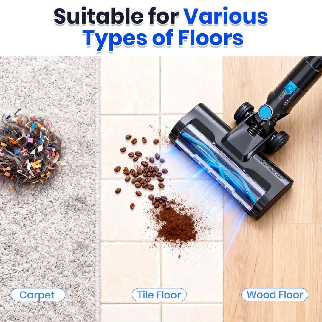 Lightweight cordless vacuum cleaner cleaning various types of floors including carpet, tile, and wood.