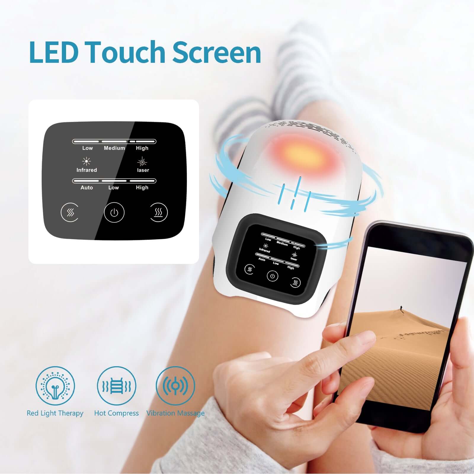 LED touch screen of the electric knee massager for pain relief with infrared and vibration settings.