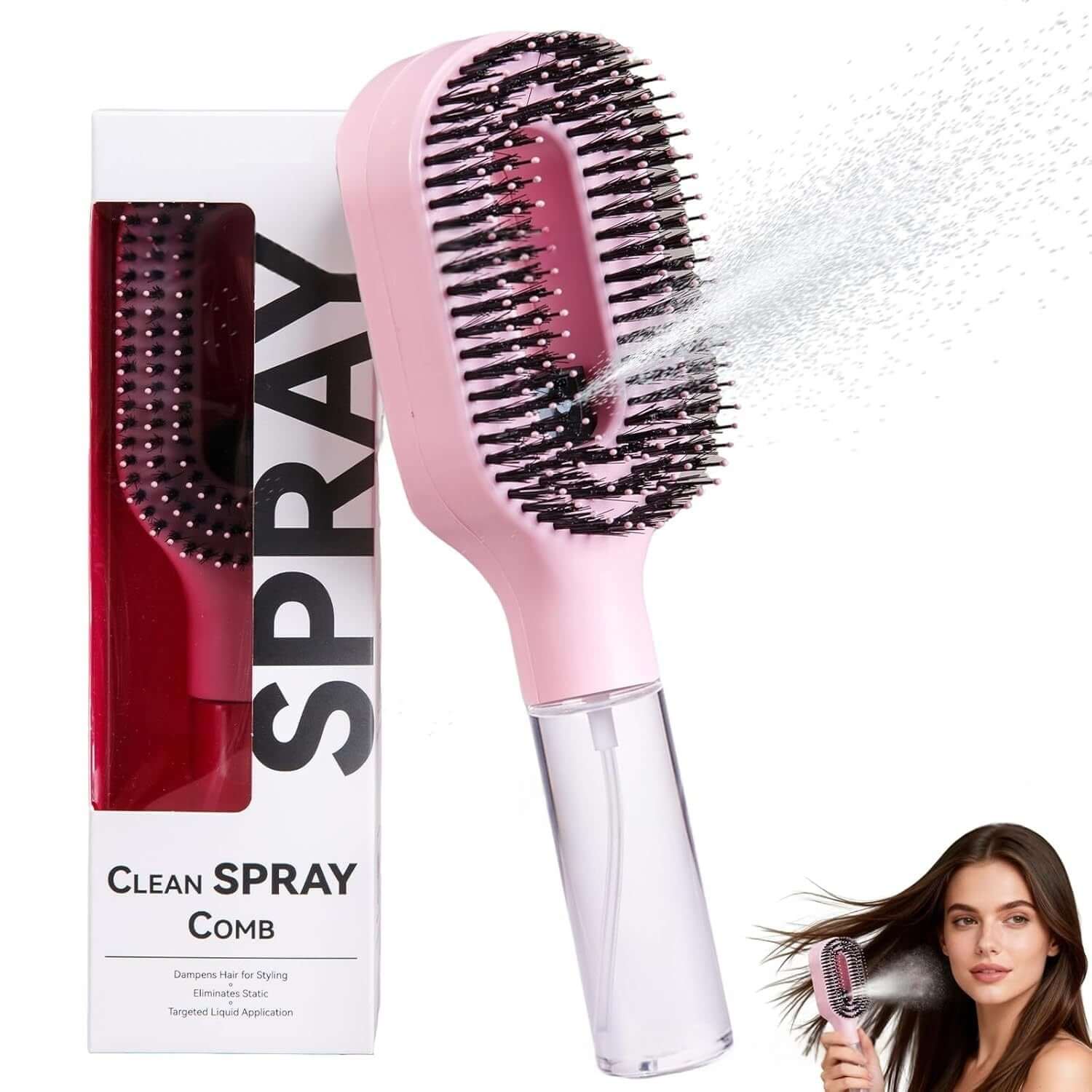 Scalp massage spray hairbrush in pink, featuring a detangling comb and spray bottle for hair hydration.