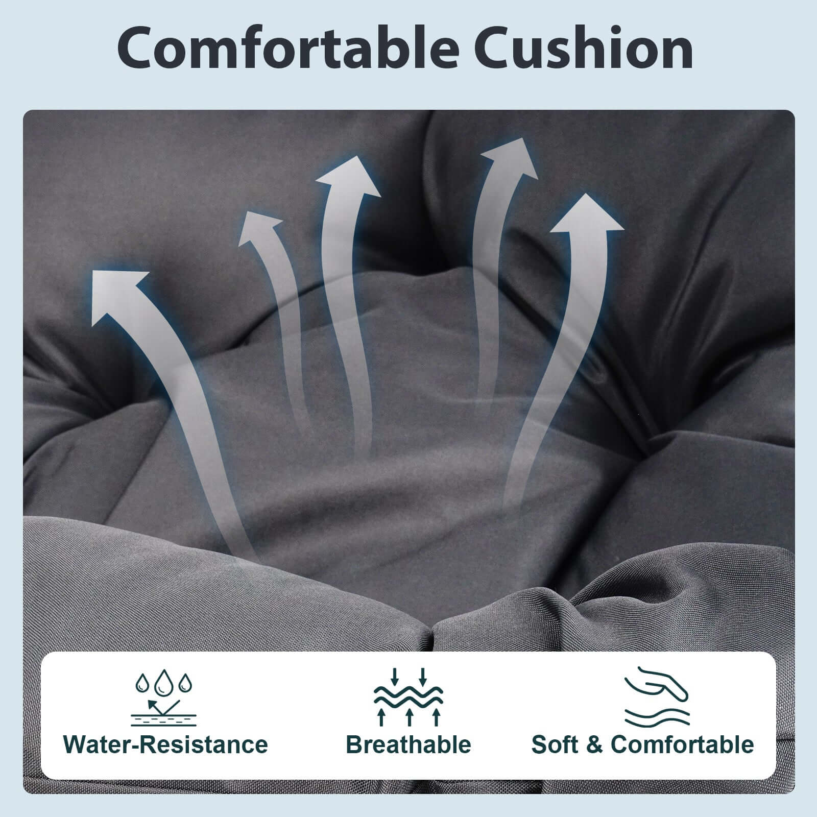 Comfortable cushion features water-resistance, breathability, and softness for the outdoor egg hanging chair with stand.