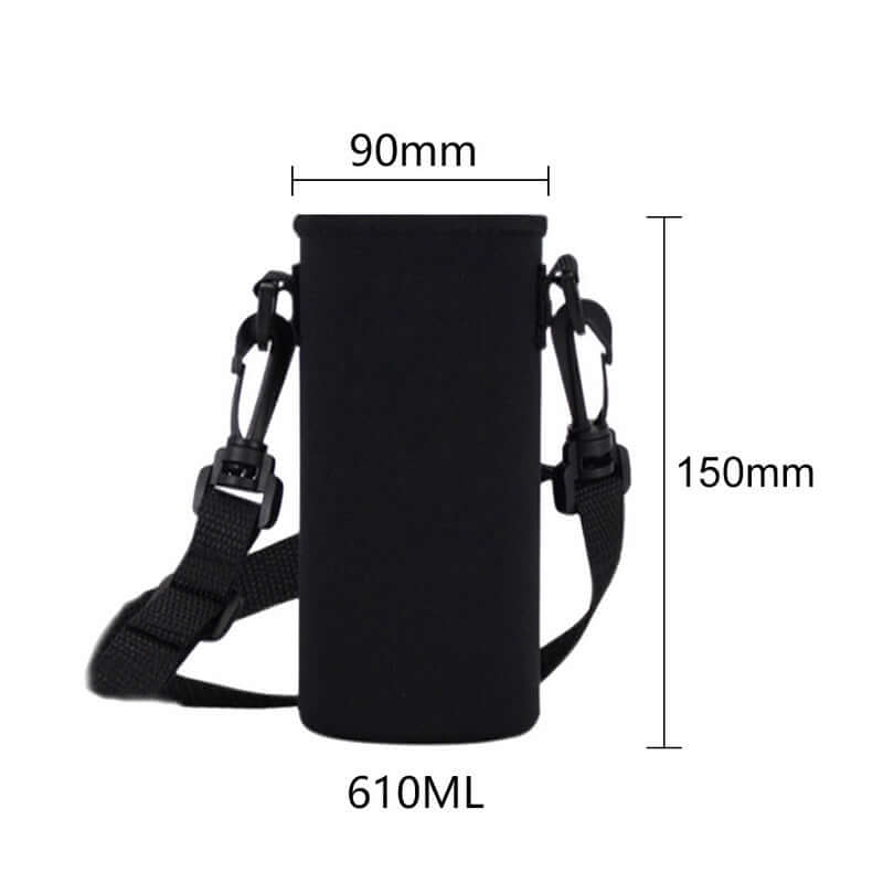 Sports water bottle carrier bag, 610ml size, neoprene cup holder with strap, vertical design, dimensions 90mm x 150mm.