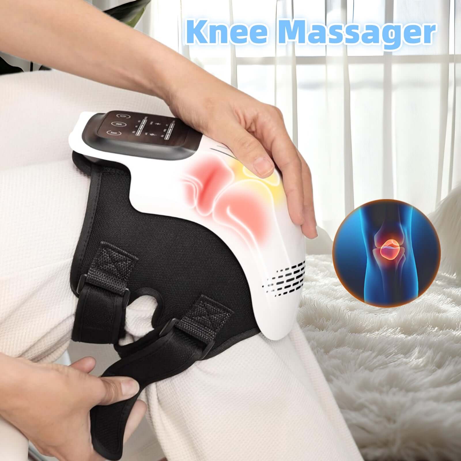 Electric knee massager for pain relief being used on a leg for effective pain relief and comfort.