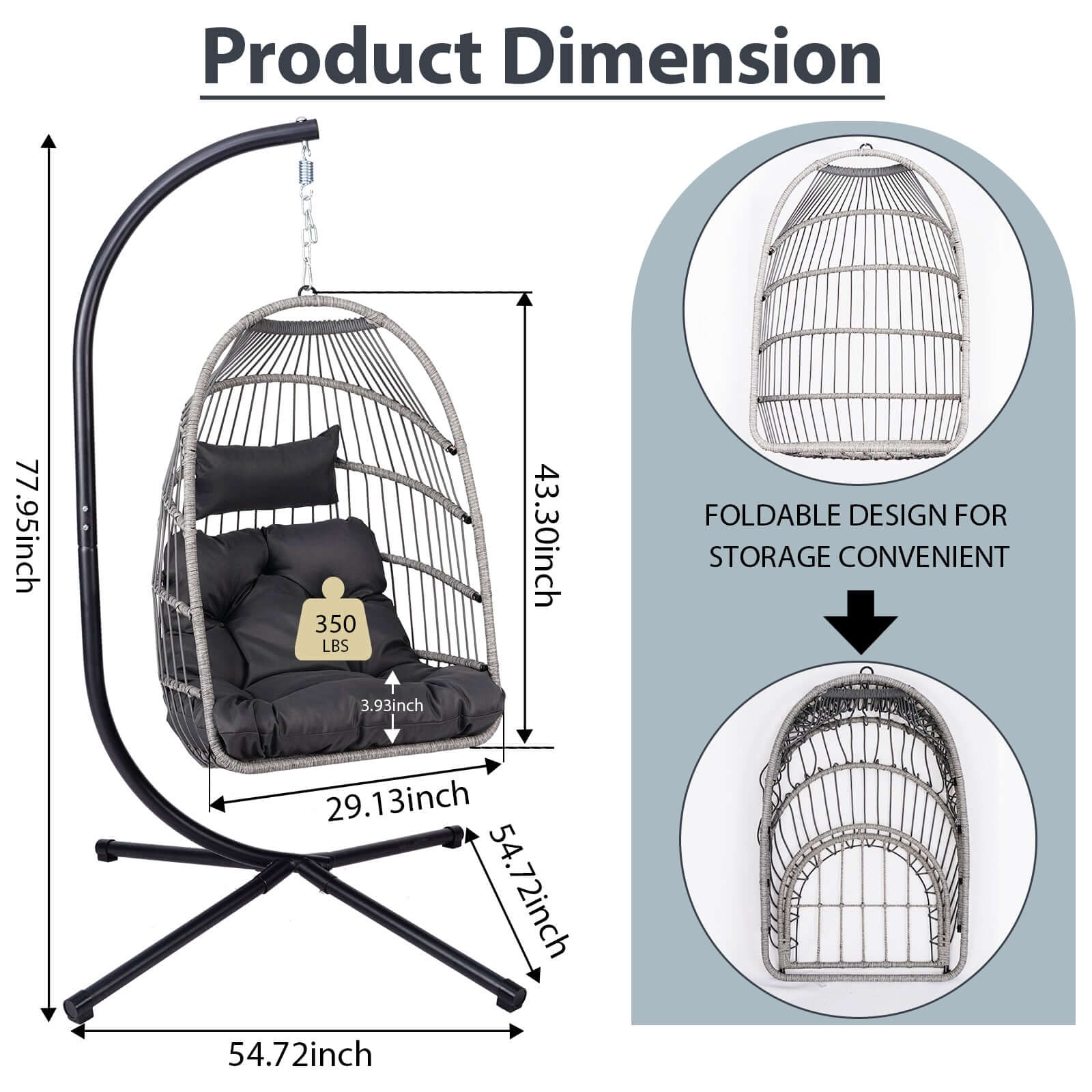 Product dimensions of the outdoor egg hanging chair with stand showing height, width, and foldable design for convenience.