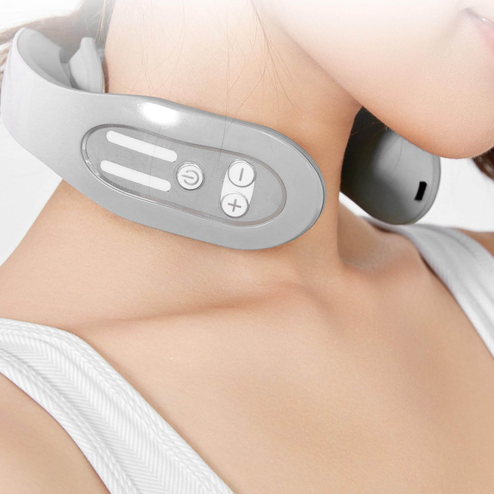 Intelligent EMS neck massager with heat designed for stress relief and enhanced blood circulation.
