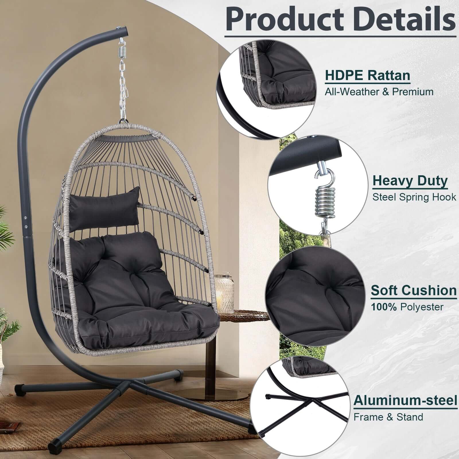 Outdoor egg hanging chair with stand showcasing product details like HDPE rattan and heavy duty steel spring hook.