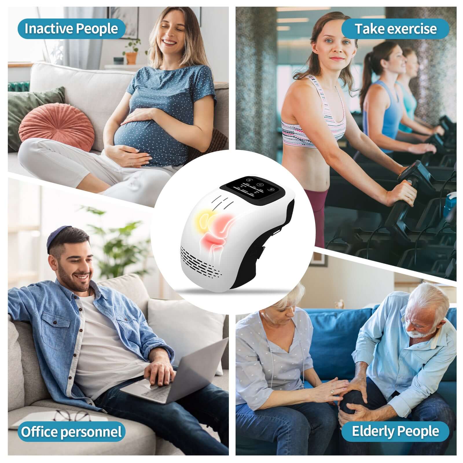 Electric knee massager for pain relief used by various individuals for comfort and relaxation.
