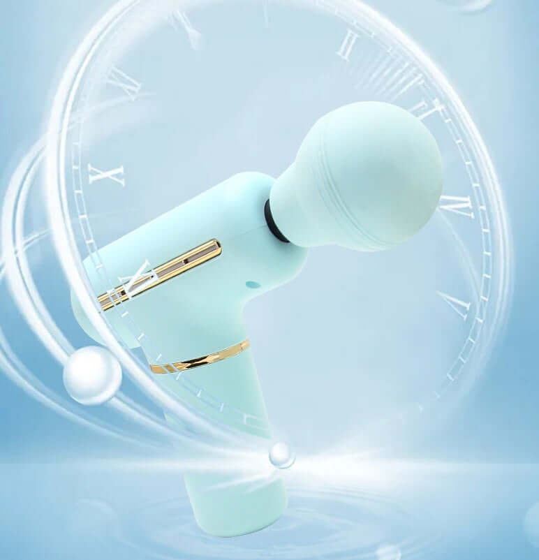 portable muscle massage gun designed for relaxing muscles with a sleek blue design and gold accents.