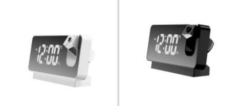 3D projection alarm clock in white and black color designs, showcasing sleek LED mirror display for home and office use.