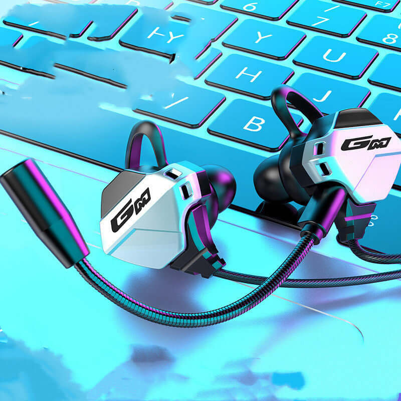 In-ear gaming headset positioned on a blue laptop keyboard, showcasing immersive sound and gaming quality.